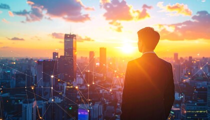 A person contemplates the cityscape at sunset, illuminated by warm golden light, with a network overlay representing connection and opportunity.