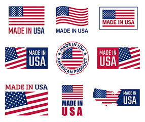 Collection of American Flag Made in USA Labels and Stickers Showcasing National Pride and Origin	