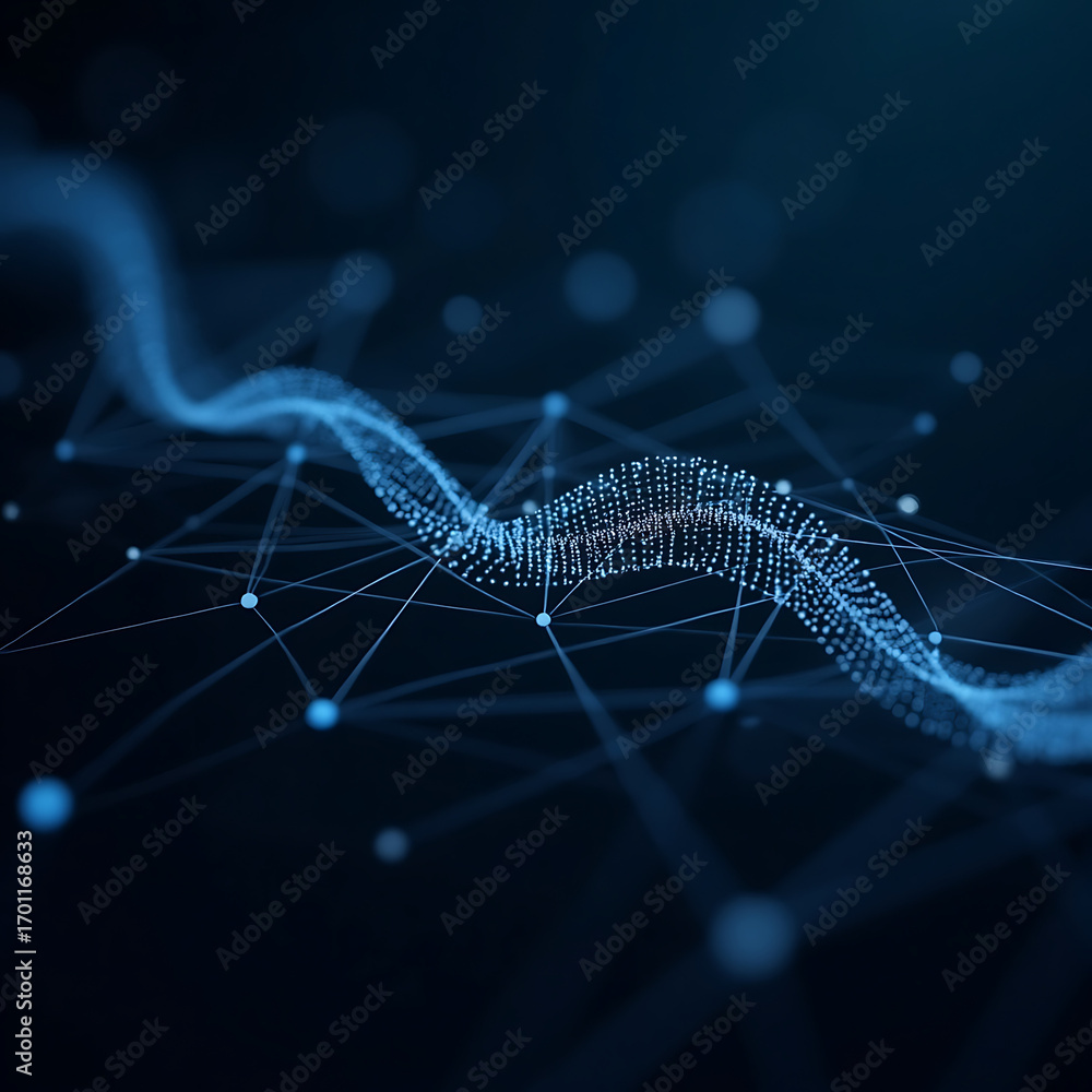 Poster dynamic digital network of glowing blue particles and connecting lines creates futuristic abstract d