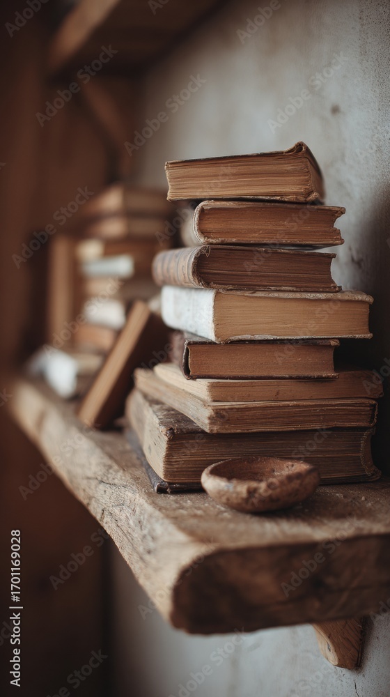 Poster stacked vintage books on a rustic wooden shelf create a cozy reading nook in a softly lit environmen
