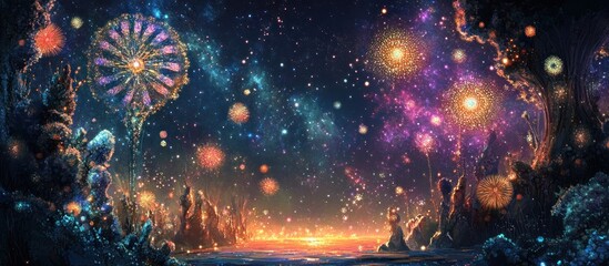 Fantasy night sky with colorful fireworks and floating lights over a surreal landscape