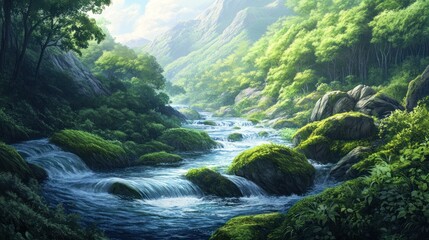 Lush river flowing through a mountain valley
