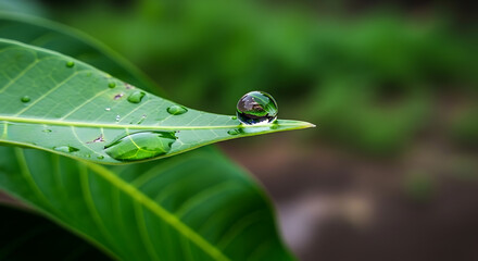 Macro Raindrop on Tip of Mango leaf – Monsoon Nature Closeup	