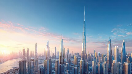 A breathtaking skyline view of Dubai featu the Burj Khalifa and other skyscrapers du a beautiful sunrise with clear blue skies above.