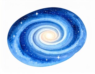Watercolor Galaxy with Swirling Blue Arms and a Bright White Core on White Backdrop