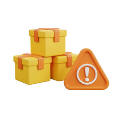Obraz premium 3d icon of three yellow gift boxes with orange ribbons stacked together next to an orange warning sign with an exclamation mark, isolated on transparent background