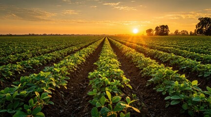 Sunset over a soybean field.  Rows of young soybean plants stretch into the distance, bathed in golden light as the sun sets