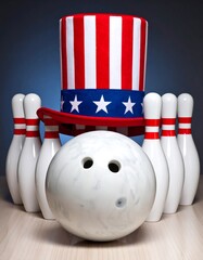 Patriotic bowling ball and pins on a light wooden surface, with an American flag top hat.