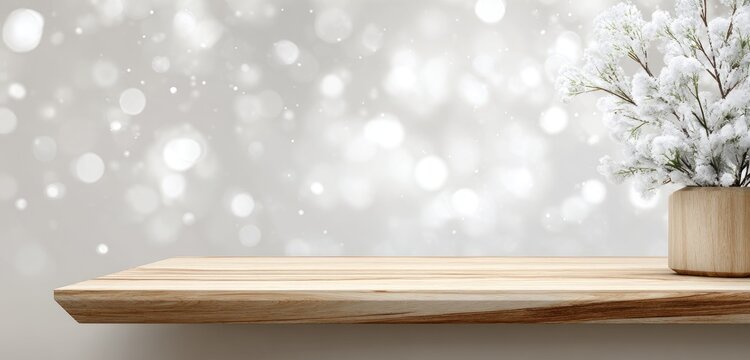Light wooden shelf with snowy decor against a soft, blurred backdrop of light gray bokeh - Powered by Adobe