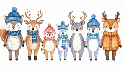 Fototapeta premium Line of Adorable Cartoon Forest Animals Wearing Winter Hats and Scarves on a White Background