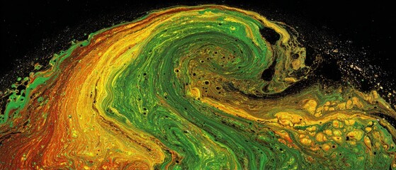 A swirling vortex of vibrant green, yellow, and brown paints creates an organic abstract pattern against a contrasting dark background.