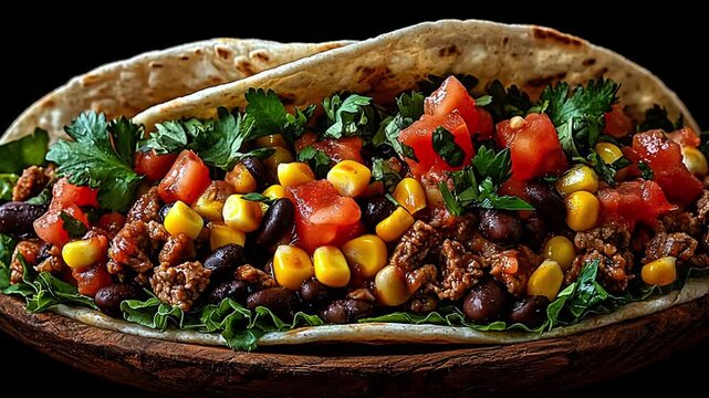 close up of a beef taco with black beans and corn, traditional mexican food with a homemade soft shell taco, delicious tex-mex dinner on a rustic plate with a black background

