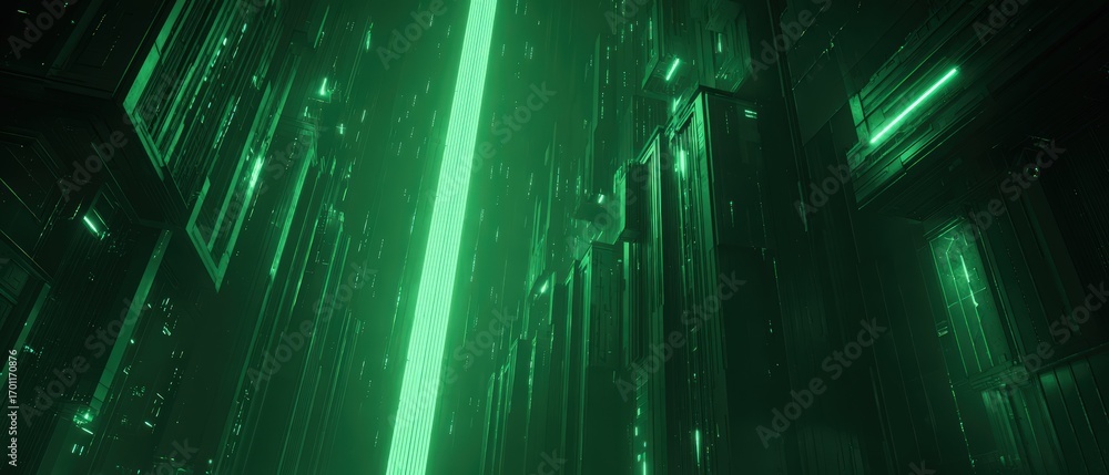 Poster a vibrant green light beam shines powerfully through a futuristic cityscape with stark, angular line