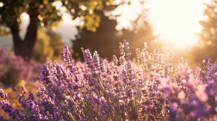 Obraz premium Lavender flowers bloom vibrantly in sunlit field, creating serene and tranquil atmosphere. warm sunlight enhances purple hues, inviting sense of peace and relaxation