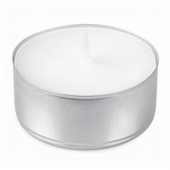 Studio Shot of a Single White Tea Light Candle in Silver Aluminum Cup Isolated on White Background for