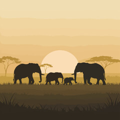 Fototapeta premium Minimalist Vector Illustration of Elephants in Safari Scene with Sunset in Warm Earth Tones in Modern Style