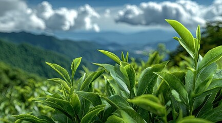 Lush green tea leaves on a hillside, with mountains and clouds in the background