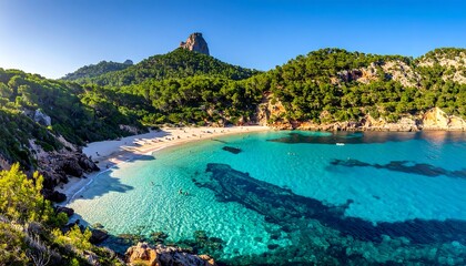 Fototapeta premium Picturesque beach cove with crystal-clear turquoise water and lush green hills, showcasing a vibrant vacation destination.