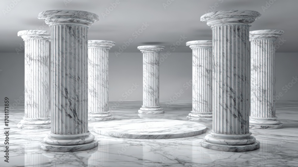Poster Elegant marble columns stand around a circular platform in a bright minimalist hall creating a timeless classical architectural atmosphere.