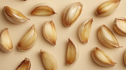 Garlic cloves arranged on a light beige surface