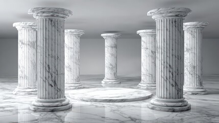 Obraz premium Elegant marble columns stand around a circular platform in a bright minimalist hall creating a timeless classical architectural atmosphere.