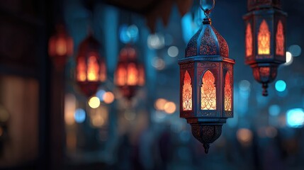 Ornate lanterns glow warmly in a city night market