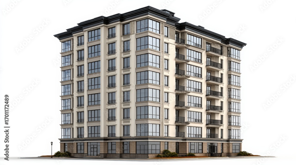 Poster elegant modern apartment building with many stands against a clean white background showcasing archi