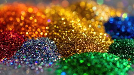 Close-up of colorful glitter piles.  Rainbow hues of shimmery, sparkling particles.  Blurred background
