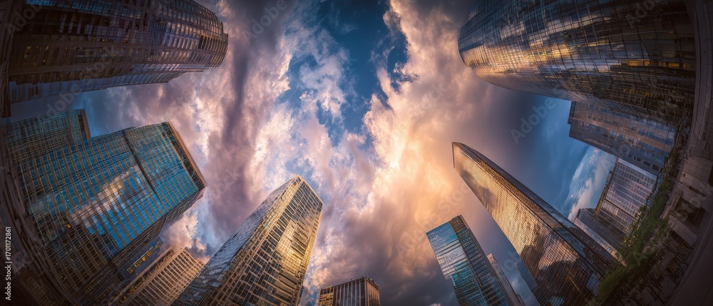Poster a low angle fisheye view captures the towe modern skyscrapers reaching up towards a dynamic and colo