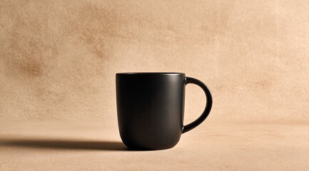 A black mug on a tan background