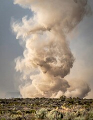Fototapeta premium Dusty Whirlwind over Desert Landscape in Arid Climate under Cloudy Skies