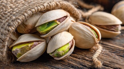 Pistachios spilling from a burlap sack onto a rustic wooden surface