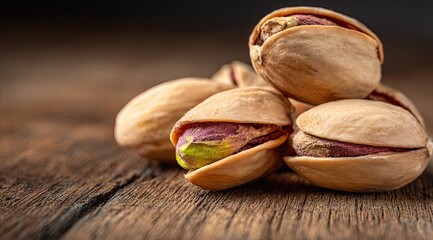 Close-up of pistachios on rustic wood