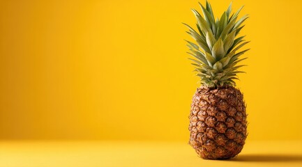 Single pineapple on bright yellow background