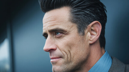 Obraz premium Close up portrait of man with stylish hair and striking blue eyes, showcasing confident expression. background is softly blurred, emphasizing his features and attire