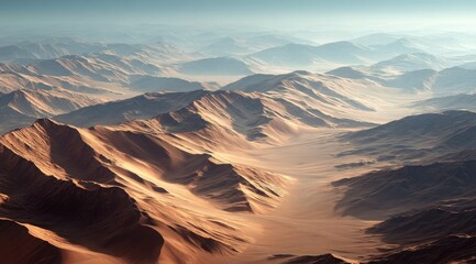 Arid, sunlit mountain range.  Vast valleys carve through terracotta-hued peaks, bathed in muted light.  Misty atmosphere hangs above the rugged terrain