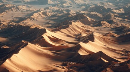 High-angle view of vast, undulating sand dunes.  Sunlit golden-beige hues.  Rocky, mountainous terrain