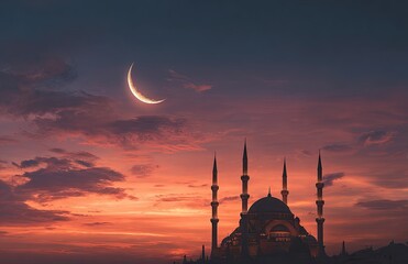 Silhouetted mosque at twilight, crescent moon