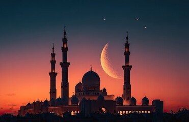 Mosque silhouette at twilight with crescent moon