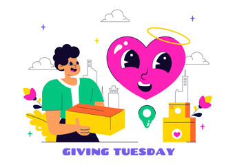 Happy Giving Tuesday Celebration Vector Illustration featuring Love, Gift Giving, and Encouraging People to Donate in a Flat Style Cartoon Background