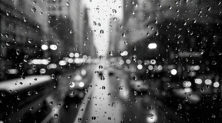 Rainy city street viewed through a wet window