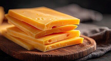 Stacked slices of cheese on a wooden board