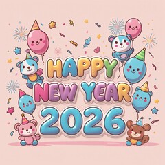 Fototapeta premium Cute cartoon bears and balloons celebrating Happy New Year 2026 new.design creative 4k hd