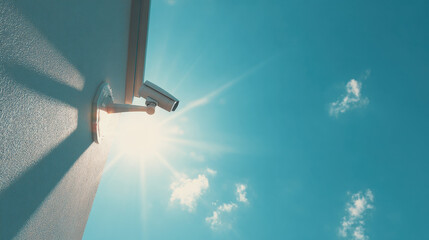 Security camera mounted on wall captures bright sunlight against clear blue sky, symbolizing safety and surveillance. scene evokes sense of protection and vigilance