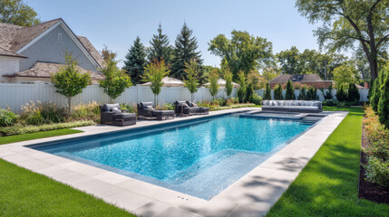 Beautiful backyard features modern swimming pool surrounded by lush greenery and comfortable seating. serene atmosphere invites relaxation and enjoyment in private outdoor space
