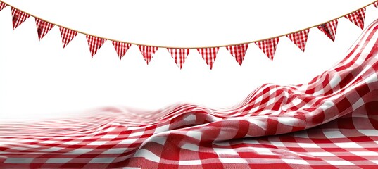 Festive picnic scene with red and white checkered tablecloth and triangular flags