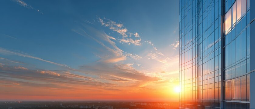 A glass skyscraper reflects the beautiful sunset with orange and yellow light on a clear day with scattered clouds in the horizon line.