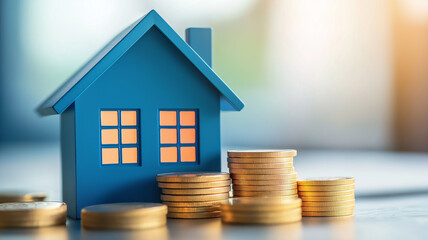 Small blue house model is placed on table surrounded by stacks of golden coins, symbolizing real estate investment and financial growth. warm lighting adds hopeful atmosphere