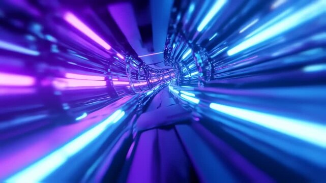 A person seemingly floats through a vibrant, neon-lit tunnel of parallel light beams.