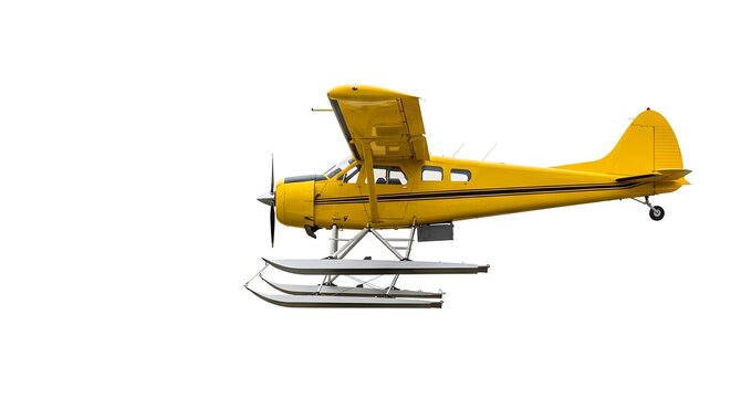 Yellow De Havilland Beaver Bush Plane with Skis - Side View